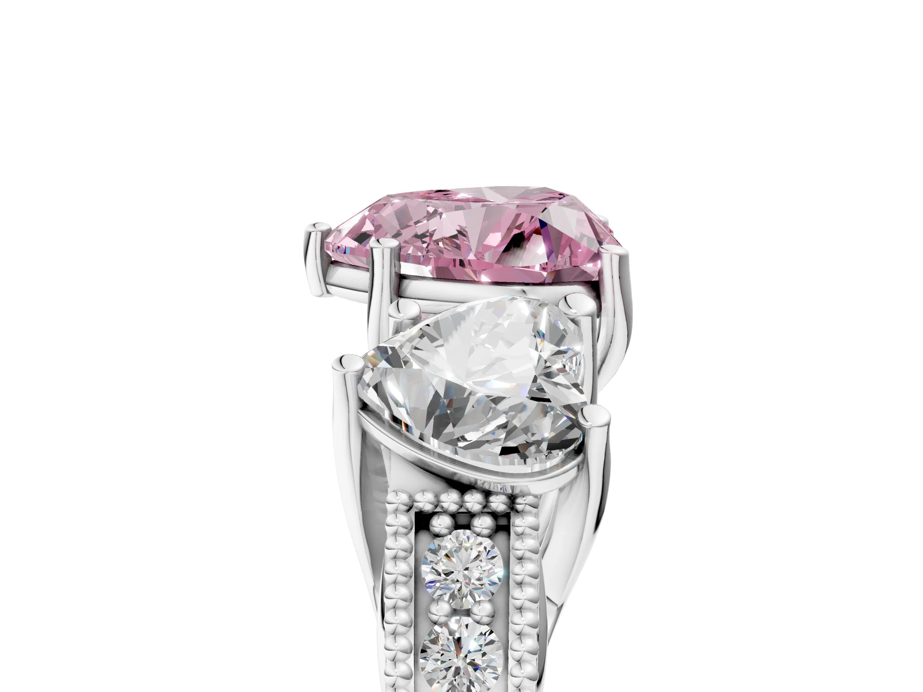 White gold Three-Stone Fancy Pink Heart Cut Cut Milgrain Pavé Engagement Ring_17