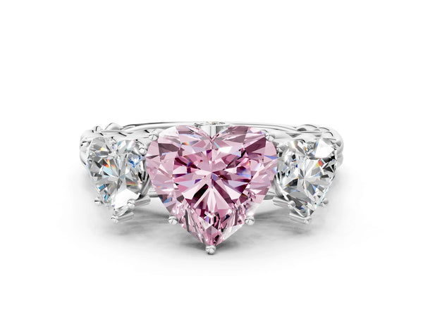 White gold Three-Stone Fancy Pink Heart Cut Diamond Braided Band Ring with Four-Prong Setting