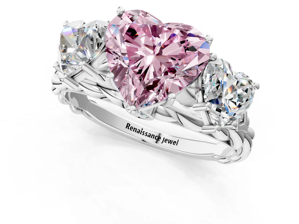 White gold Three-Stone Fancy Pink Heart Cut Diamond Braided Band Ring with Four-Prong Setting
