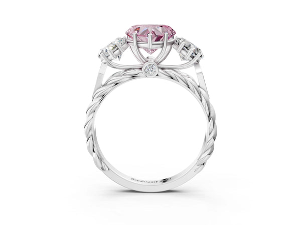 White gold Three-Stone Fancy Pink Heart Cut Diamond Braided Band Ring with Four-Prong Setting