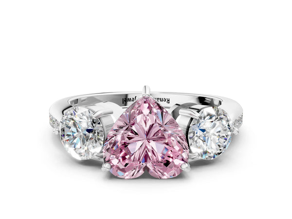 Platinum Three-Stone Fancy Pink Heart Cut Diamond Channel Set Engagement Ring with Prong Setting