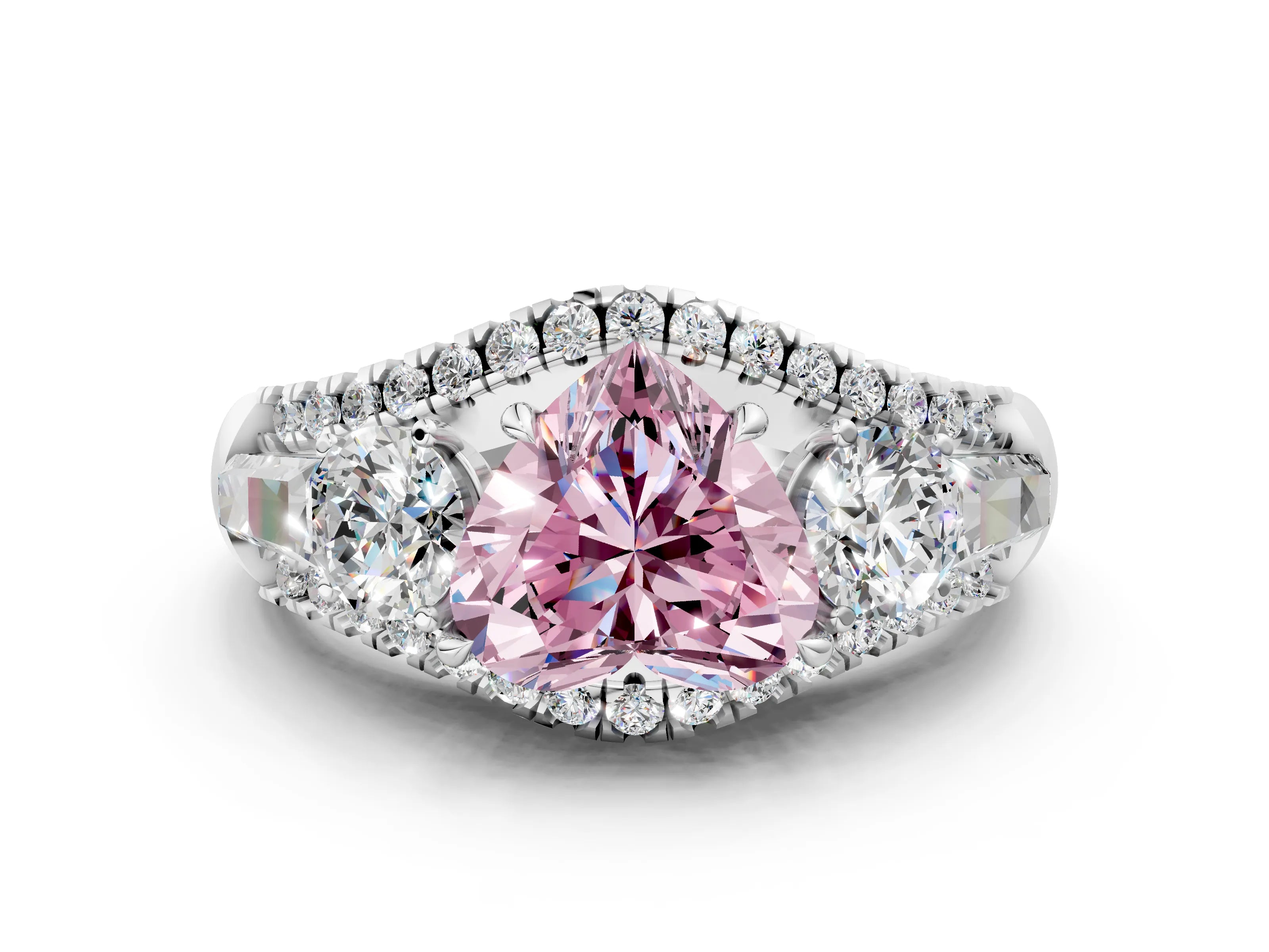 White gold Three-Stone Fancy Pink Heart Cut Diamond Engagement Ring with Pave Band and Prong Setting_12