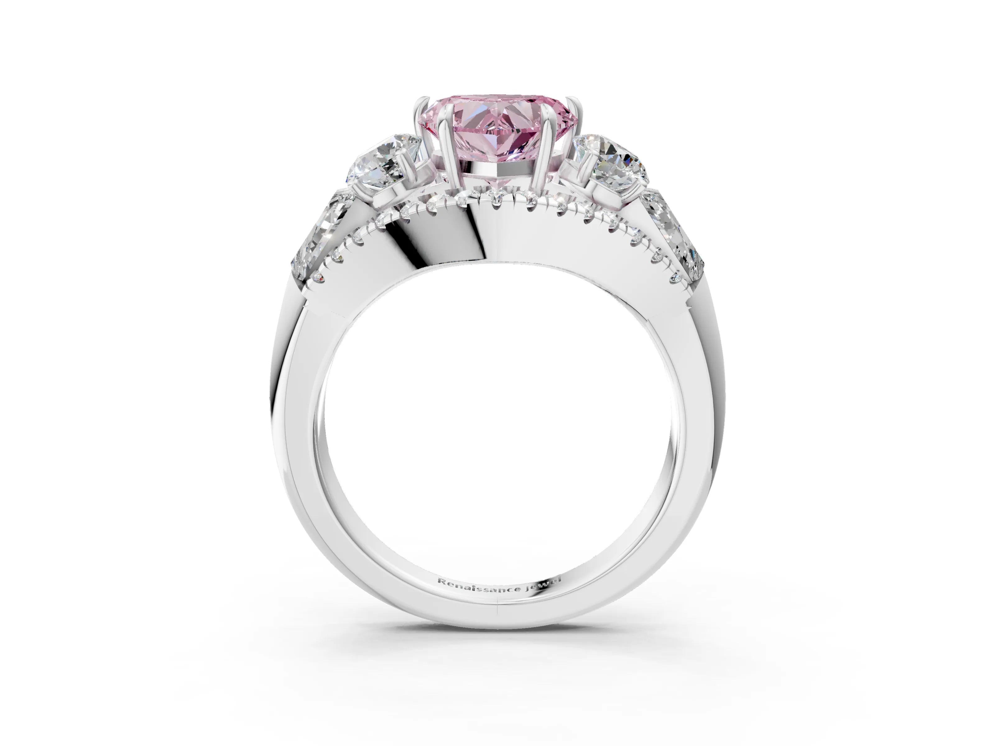 White gold Three-Stone Fancy Pink Heart Cut Diamond Engagement Ring with Pave Band and Prong Setting_15