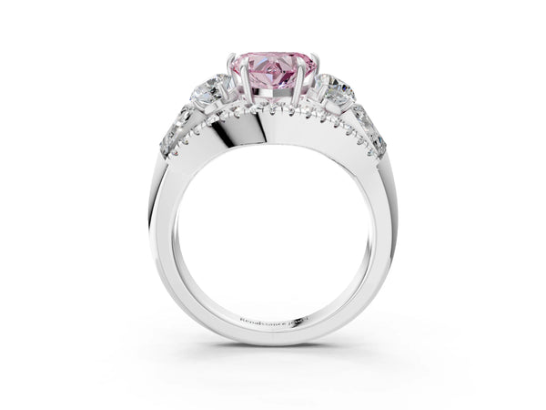 Platinum Three-Stone Fancy Pink Heart Cut Diamond Engagement Ring with Pave Band and Prong Setting
