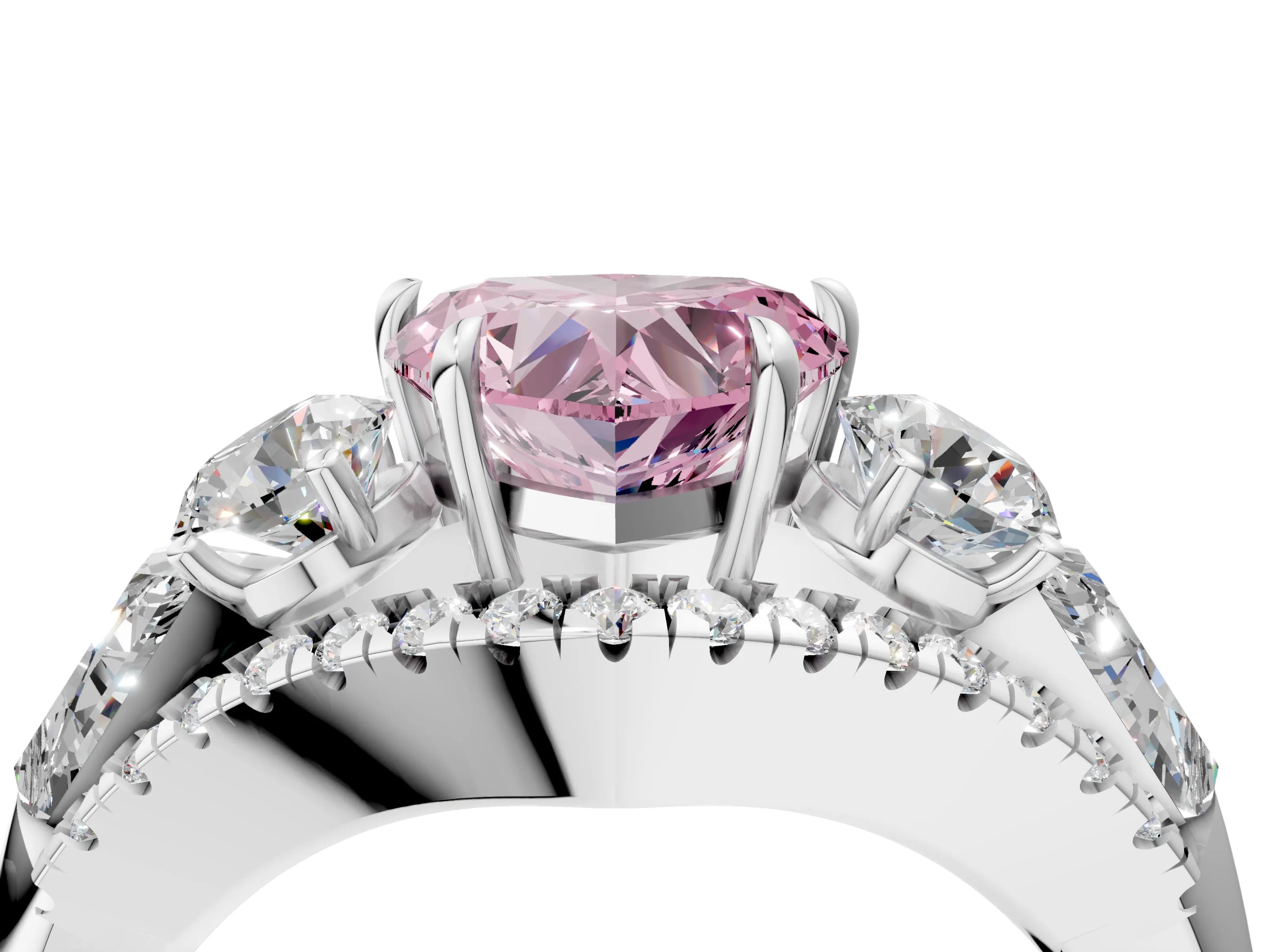 White gold Three-Stone Fancy Pink Heart Cut Diamond Engagement Ring with Pave Band and Prong Setting_16