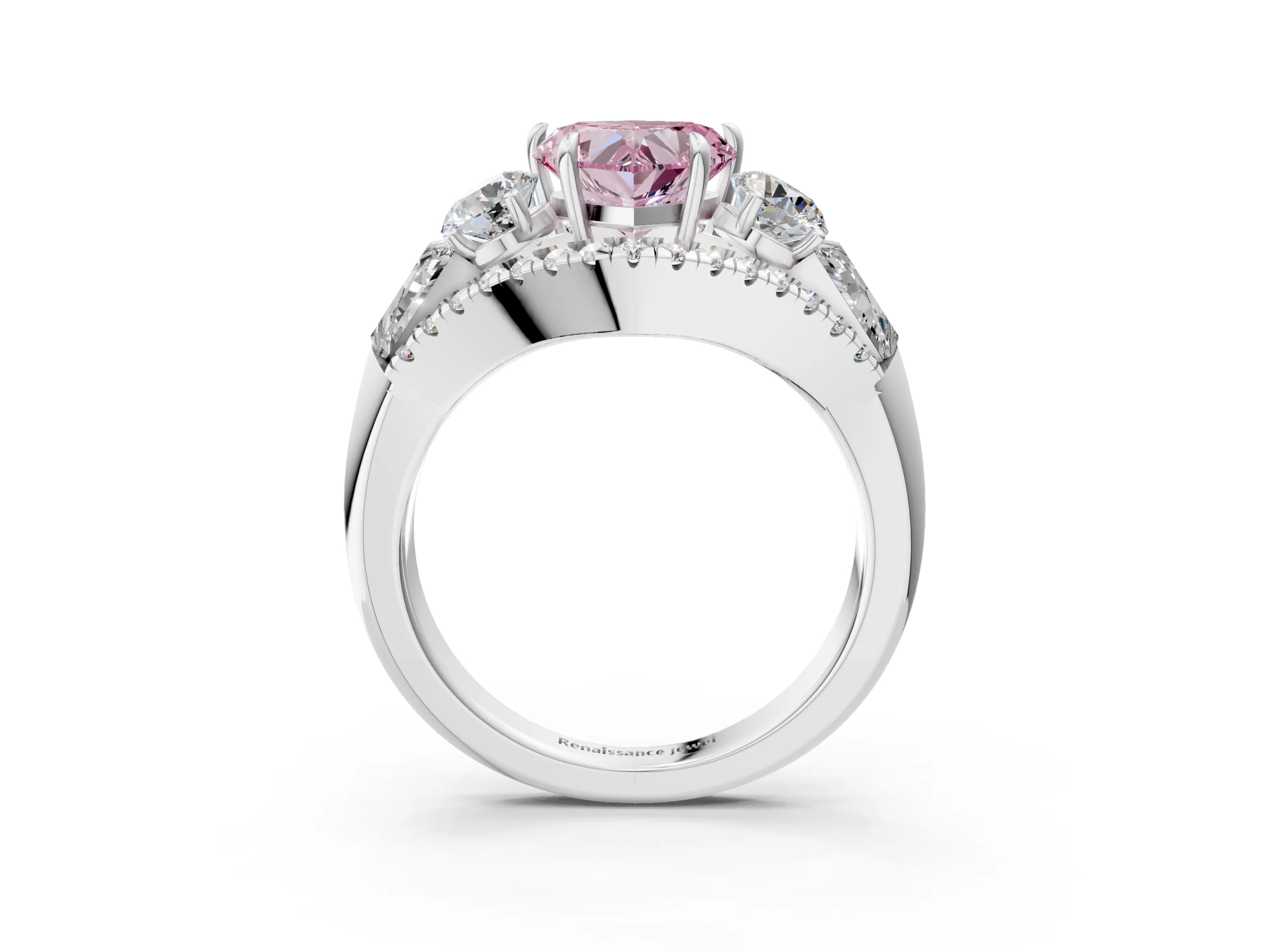 White gold Three-Stone Fancy Pink Heart Cut Diamond Engagement Ring with Pave Band and Prong Setting_3