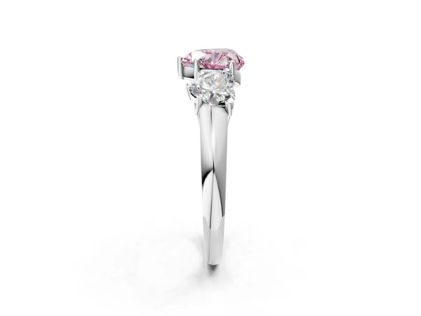 Platinum Three-Stone Fancy Pink Heart Cut Diamond Engagement Ring with Prong Setting