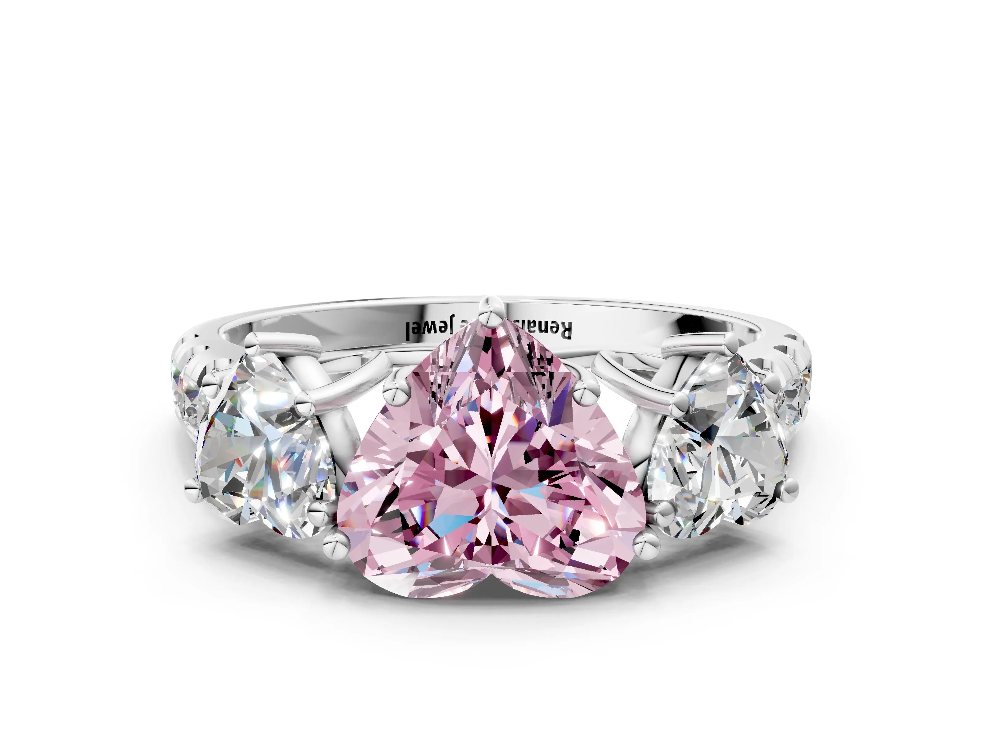 White gold Three-Stone Fancy Pink Heart Cut Diamond Pavé Band with Prong Setting_12