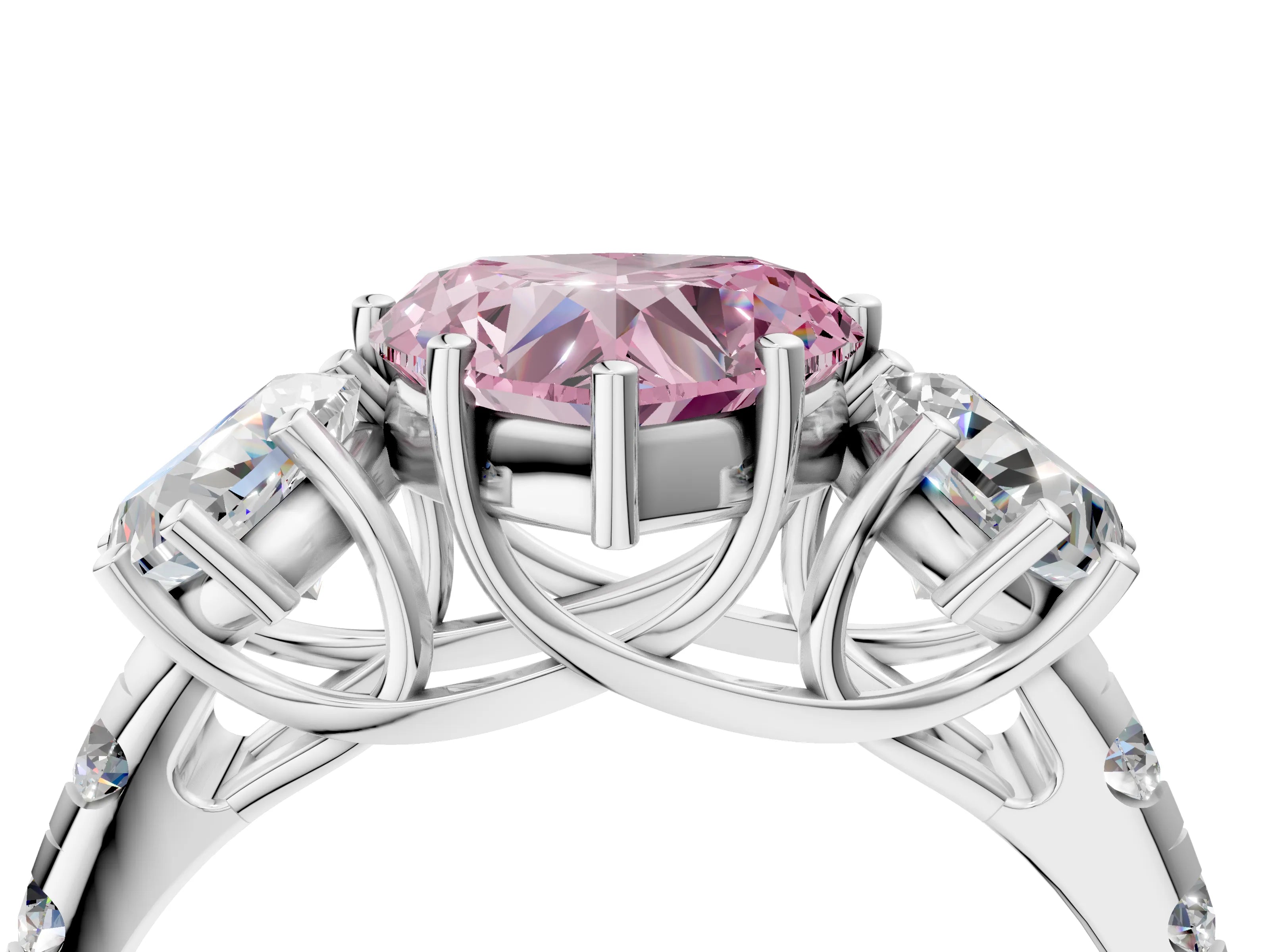 White gold Three-Stone Fancy Pink Heart Cut Diamond Pavé Band with Prong Setting_16