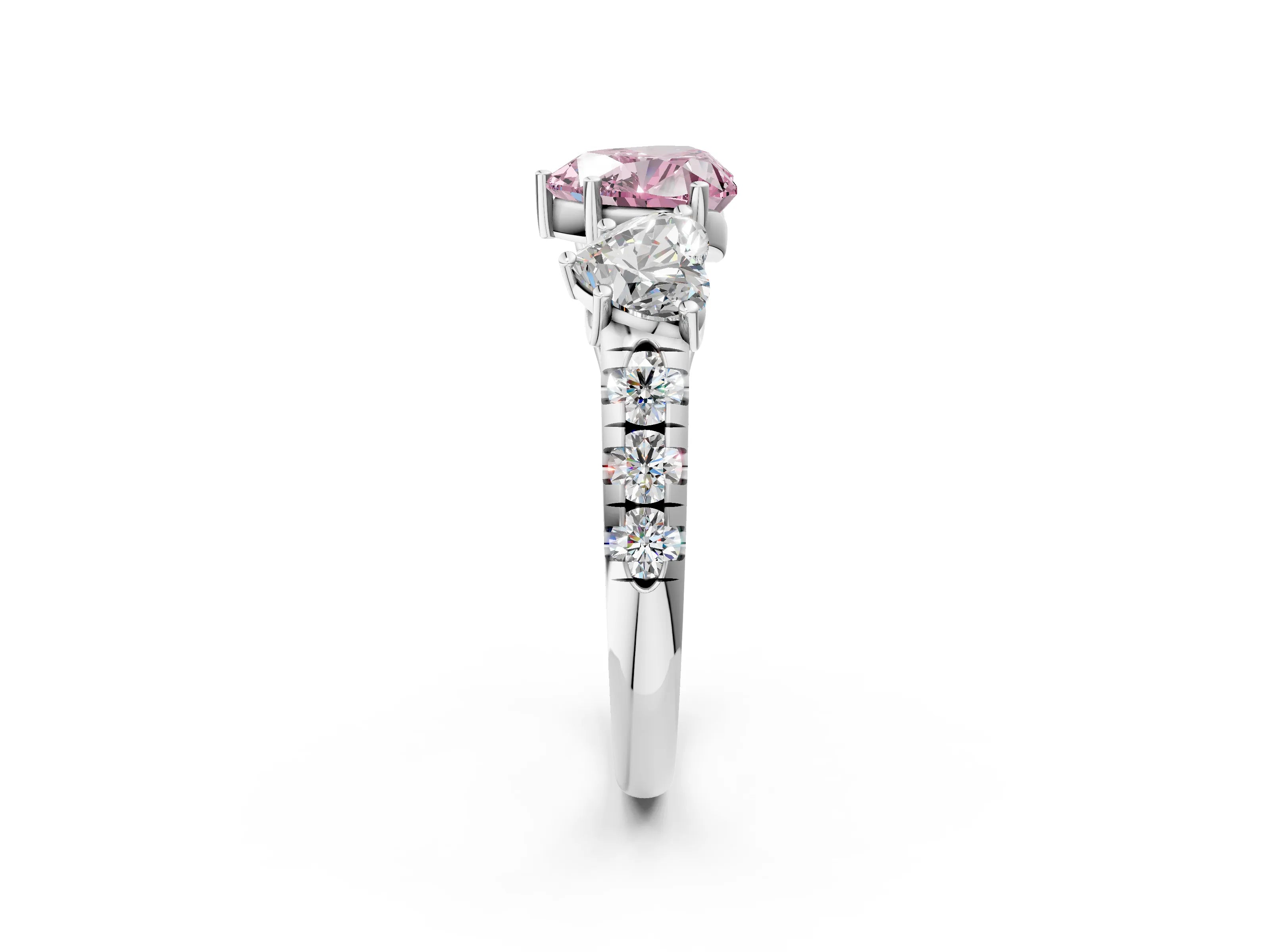White gold Three-Stone Fancy Pink Heart Cut Diamond Pavé Band with Prong Setting_2