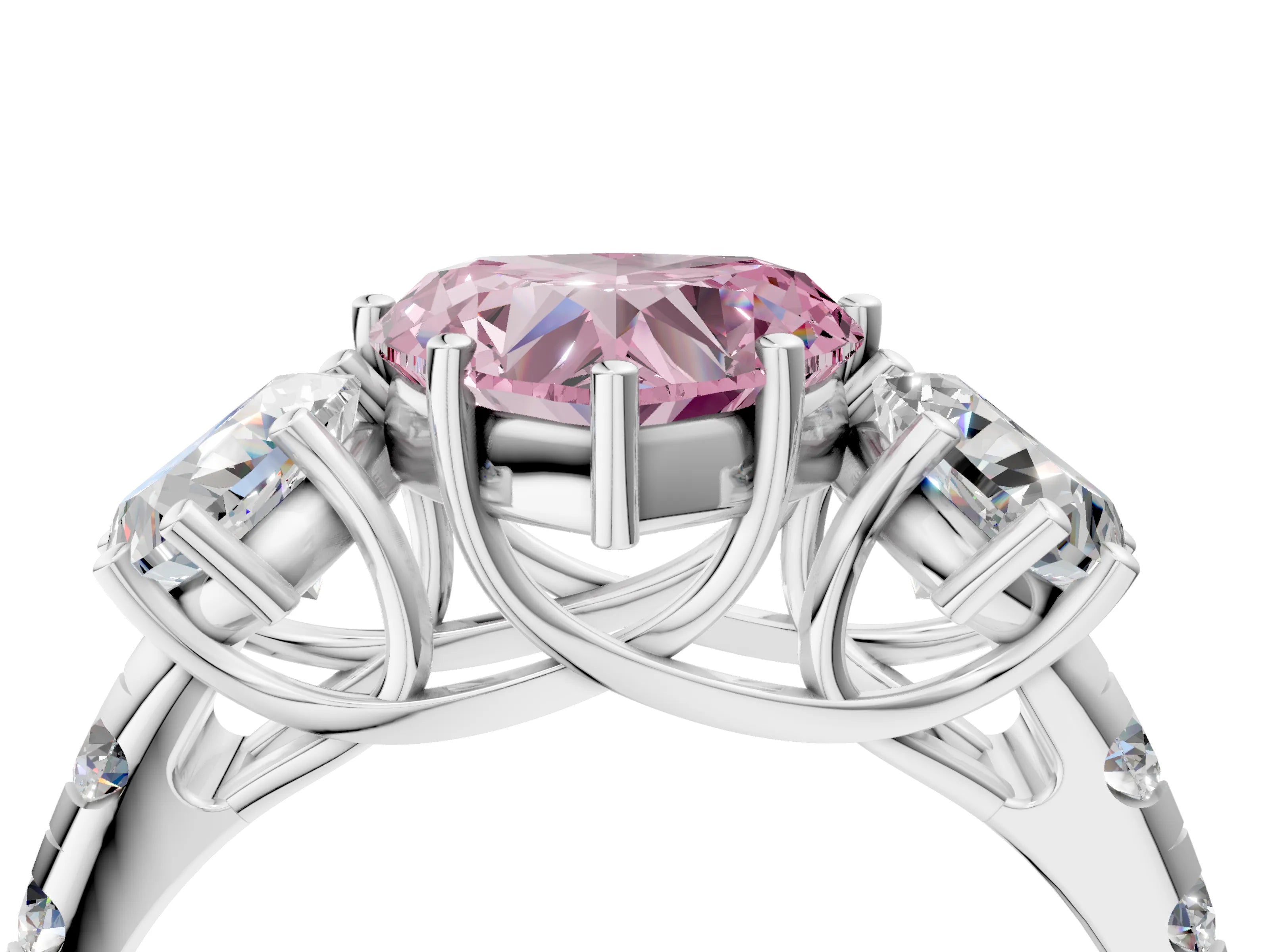 White gold Three-Stone Fancy Pink Heart Cut Diamond Pavé Band with Prong Setting_4