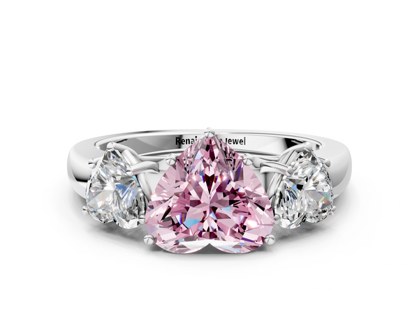 White gold Fancy Pink Heart Cut Diamond Three-Stone Ring with Four-Prong Setting and Classic Band