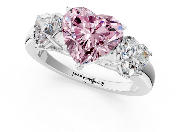 White gold Fancy Pink Heart Cut Diamond Three-Stone Ring with Four-Prong Setting and Classic Band