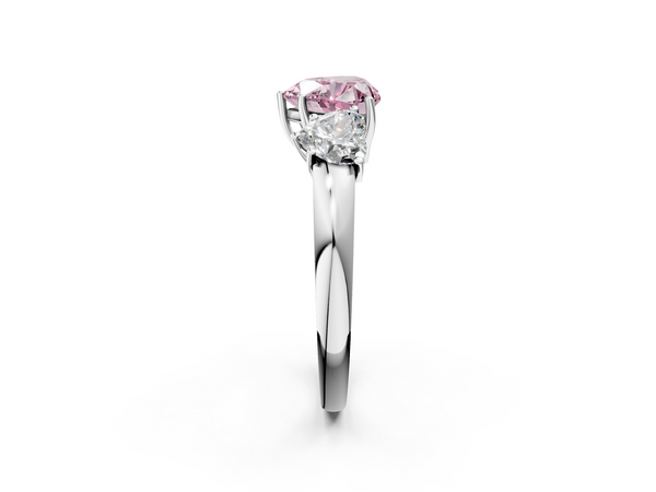 White gold Fancy Pink Heart Cut Diamond Three-Stone Ring with Four-Prong Setting and Classic Band