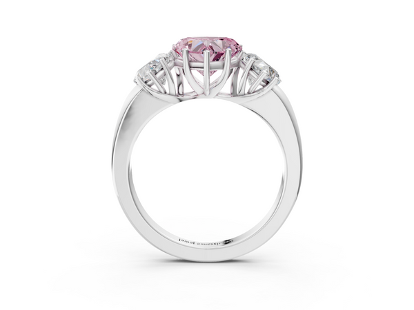 White gold Fancy Pink Heart Cut Diamond Three-Stone Ring with Four-Prong Setting and Classic Band