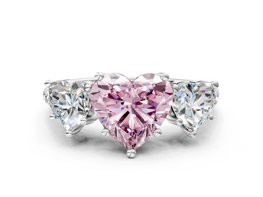 White gold Three-Stone Fancy Pink Heart Cut Diamond Ring with Pavé Band and Prong Setting_128