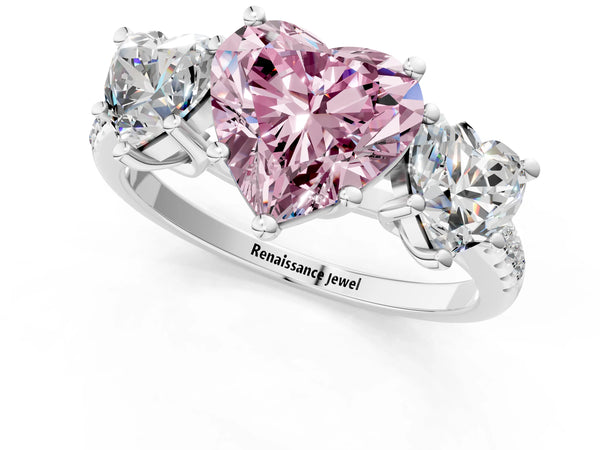 White Gold Heart-Shaped Matching Three Stone Engagement Ring Setting for Fancy Pink Center