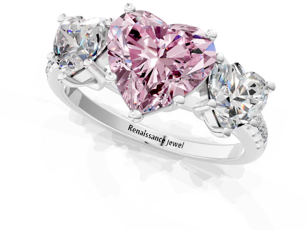 White Gold Heart-Shaped Matching Three Stone Engagement Ring Setting for Fancy Pink Center