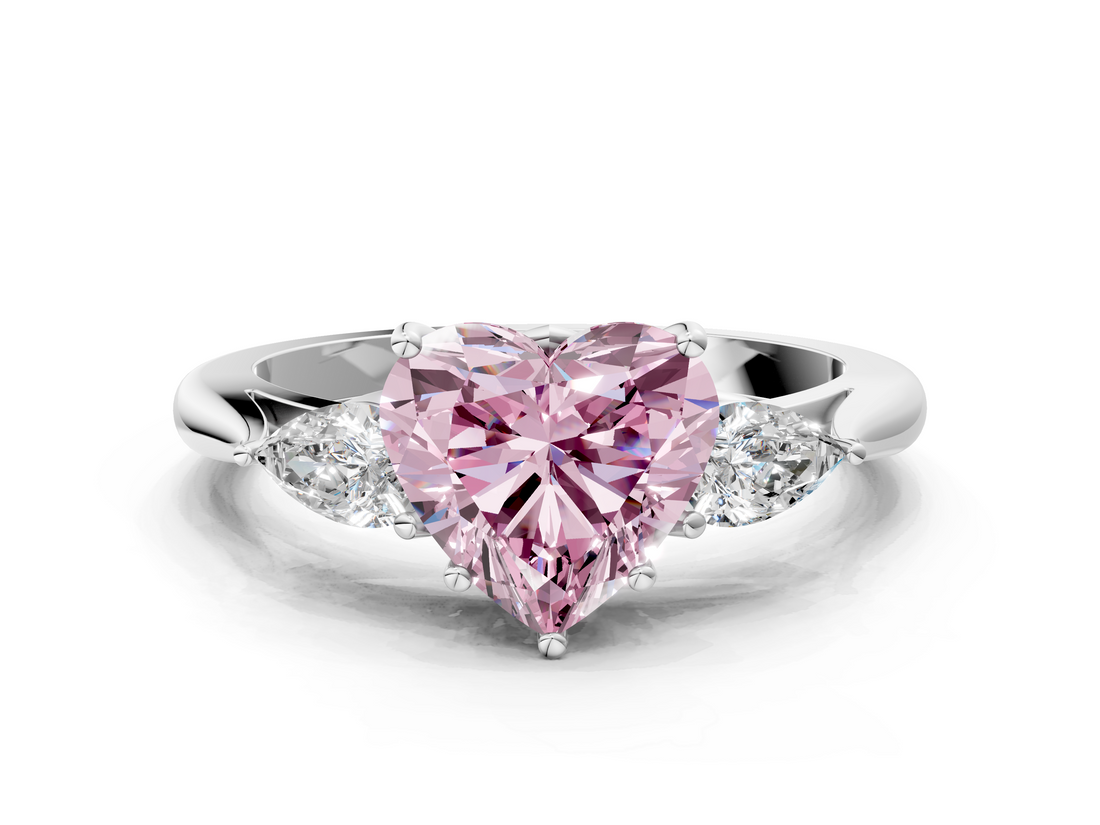 White gold Three-Stone Fancy Pink Heart  Cut Diamond Ring with Pear Side Stones in Four-Prong Setting_117