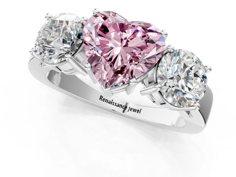 White gold Three-Stone Fancy Pink Heart Cut Diamond Ring with Round Side Stones, Classic Band, and Four-Prong Setting_1