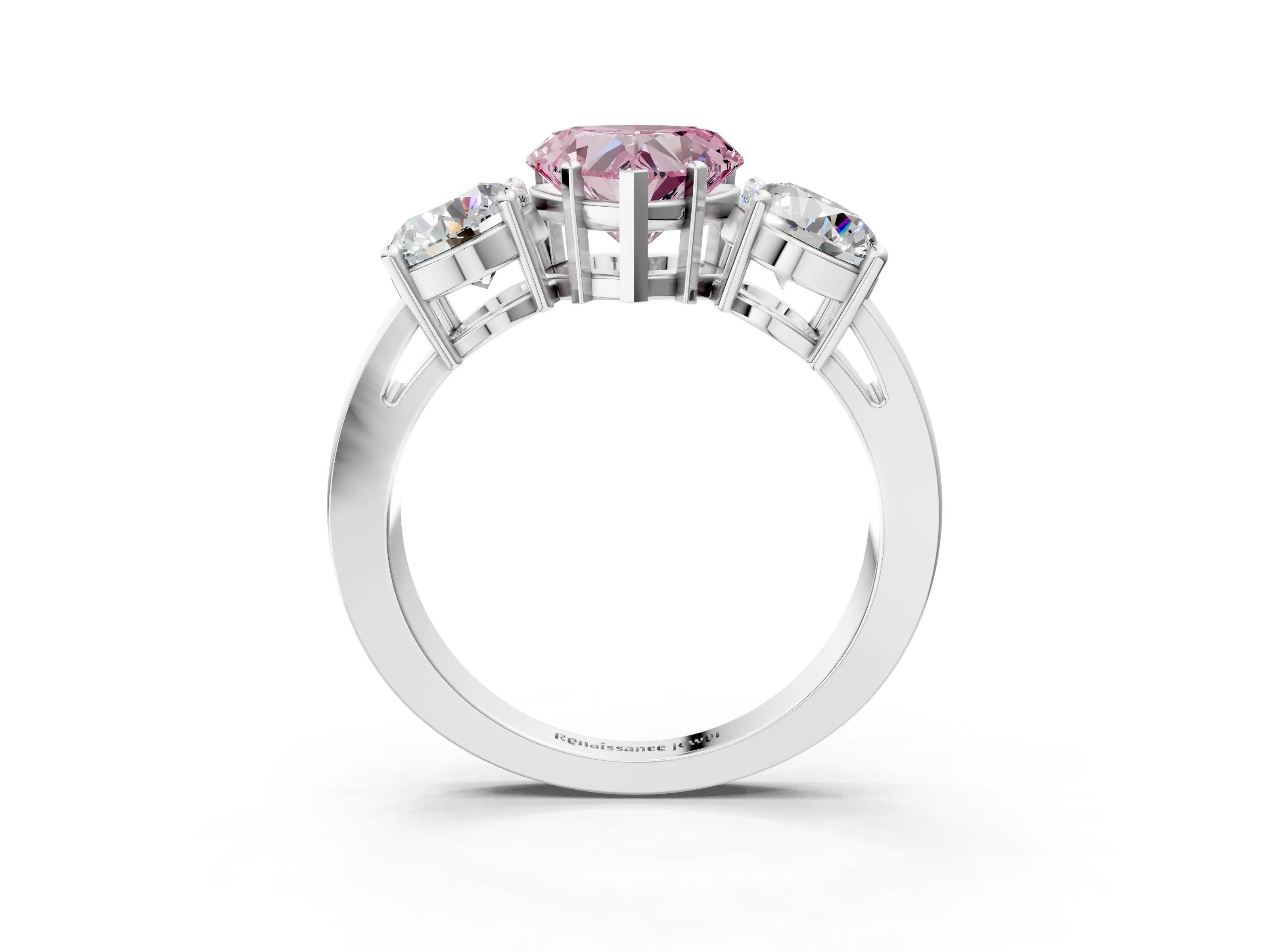 White gold Three-Stone Fancy Pink Heart Cut Diamond Ring with Round Side Stones, Classic Band, and Four-Prong Setting_3