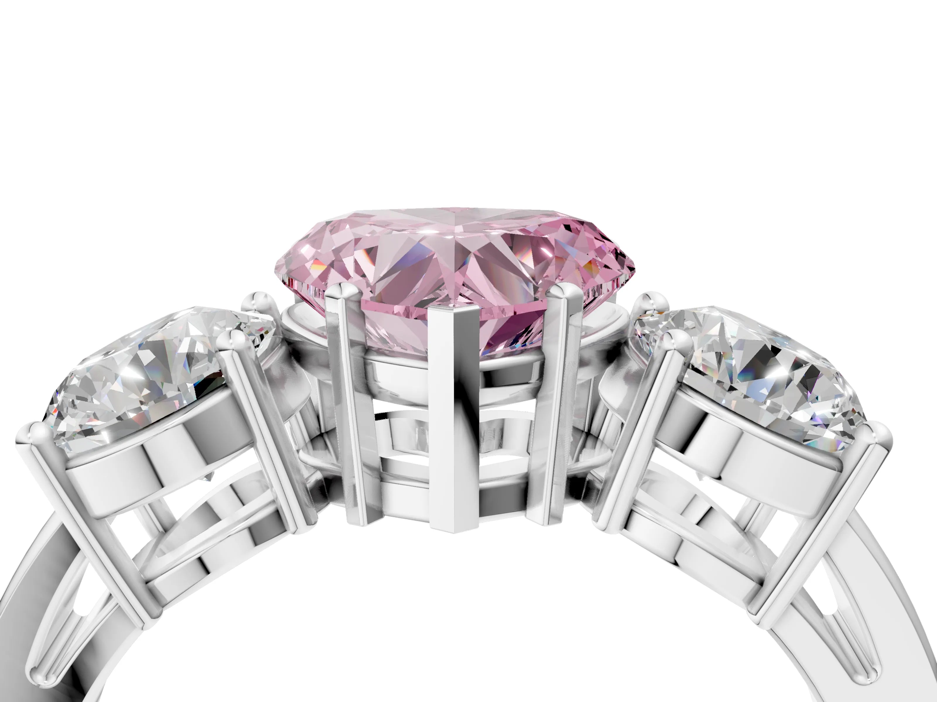 White gold Three-Stone Fancy Pink Heart Cut Diamond Ring with Round Side Stones, Classic Band, and Four-Prong Setting_4