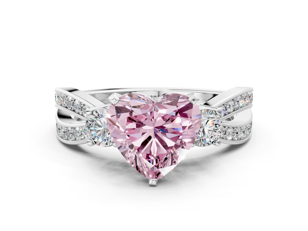 White gold Three-Stone Fancy Pink Heart  Cut Diamond Twist Band with Prong Setting
