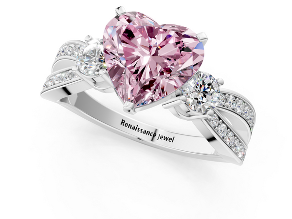 White gold Three-Stone Fancy Pink Heart  Cut Diamond Twist Band with Prong Setting