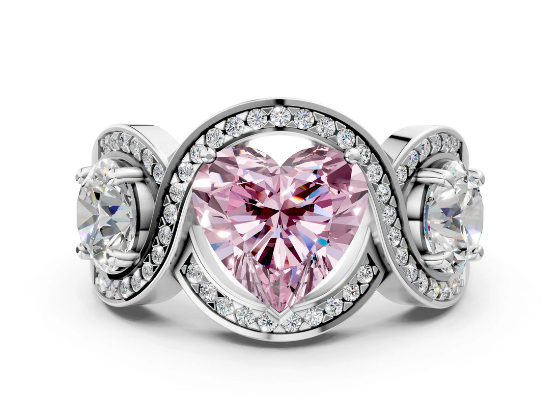 White gold Three-Stone Fancy Pink Heart Cut Diamond Wave Pave Band with Prong Setting_18