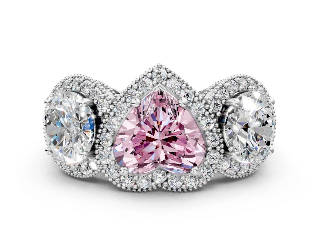 White gold Three-Stone Fancy Pink Heart Cut Halo Diamond Milgrain Band with Four-Prong Setting