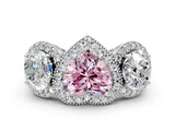White gold Three-Stone Fancy Pink Heart Cut Halo Diamond Milgrain Band with Four-Prong Setting