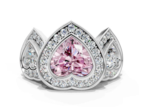 White gold Three-Stone Fancy Pink Heart Cut Halo Pavé Diamond Ring