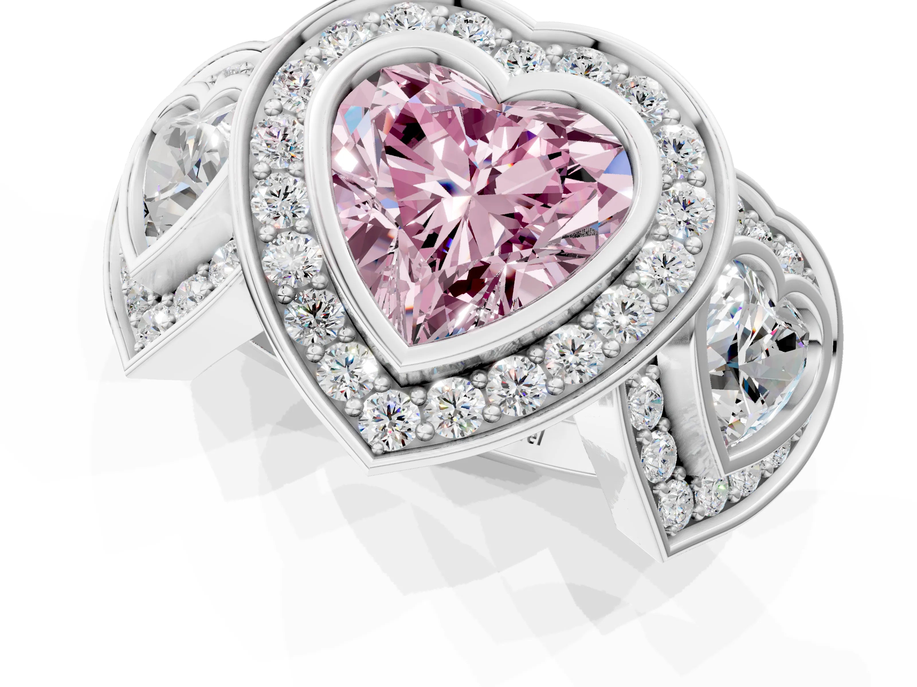 White gold Three-Stone Fancy Pink Heart Cut Halo Pavé Diamond Ring_1
