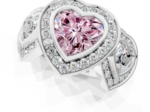 White gold Three-Stone Fancy Pink Heart Cut Halo Pavé Diamond Ring_1