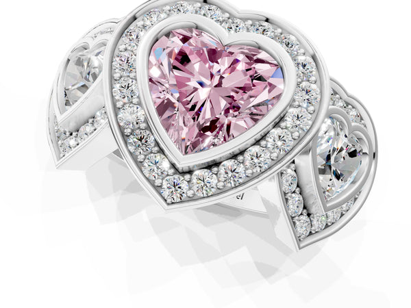 White gold Three-Stone Fancy Pink Heart Cut Halo Pavé Diamond Ring