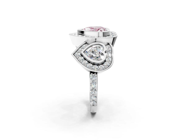 White gold Three-Stone Fancy Pink Heart Cut Halo Pavé Diamond Ring