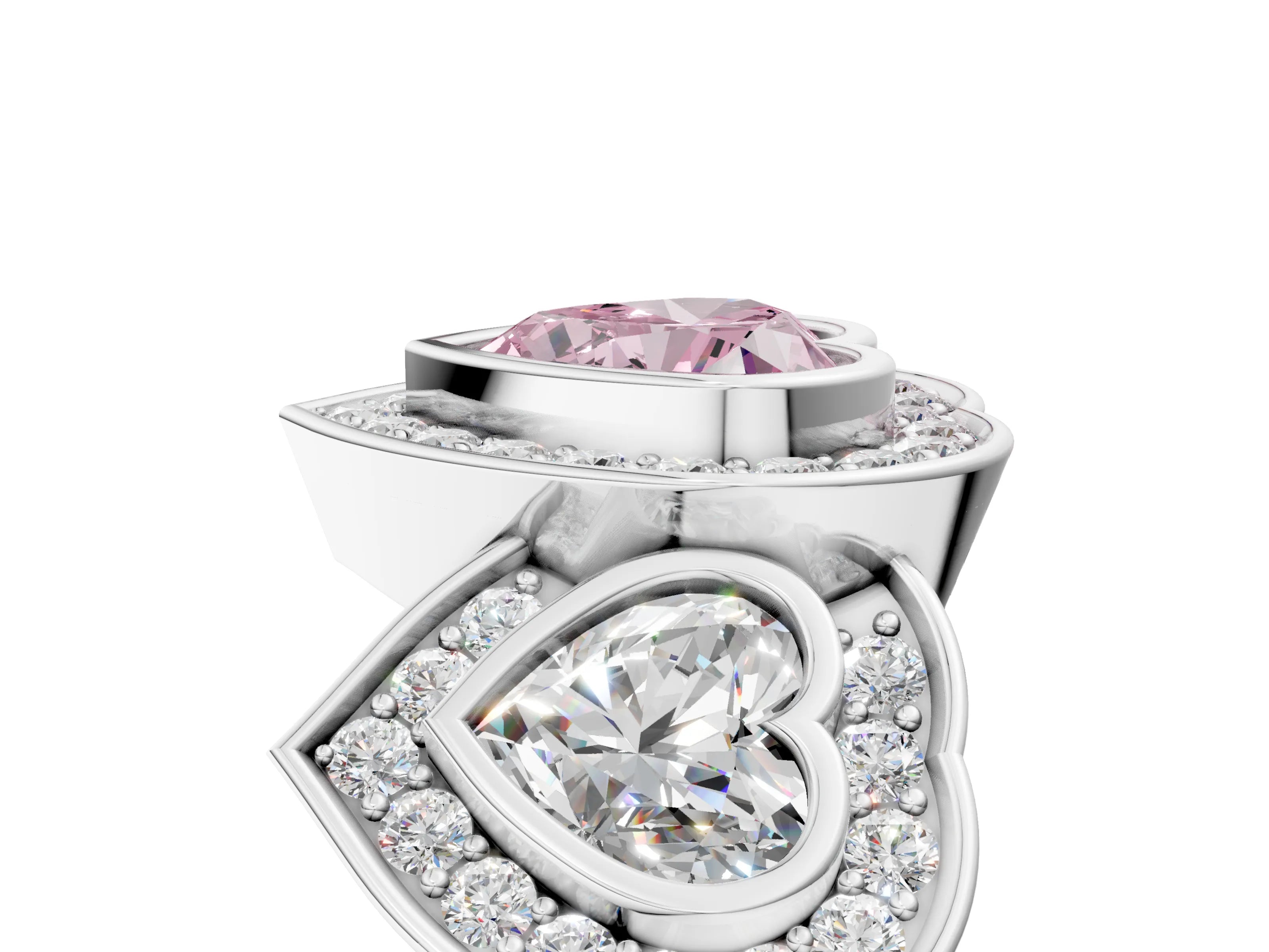 White gold Three-Stone Fancy Pink Heart Cut Halo Pavé Diamond Ring_5
