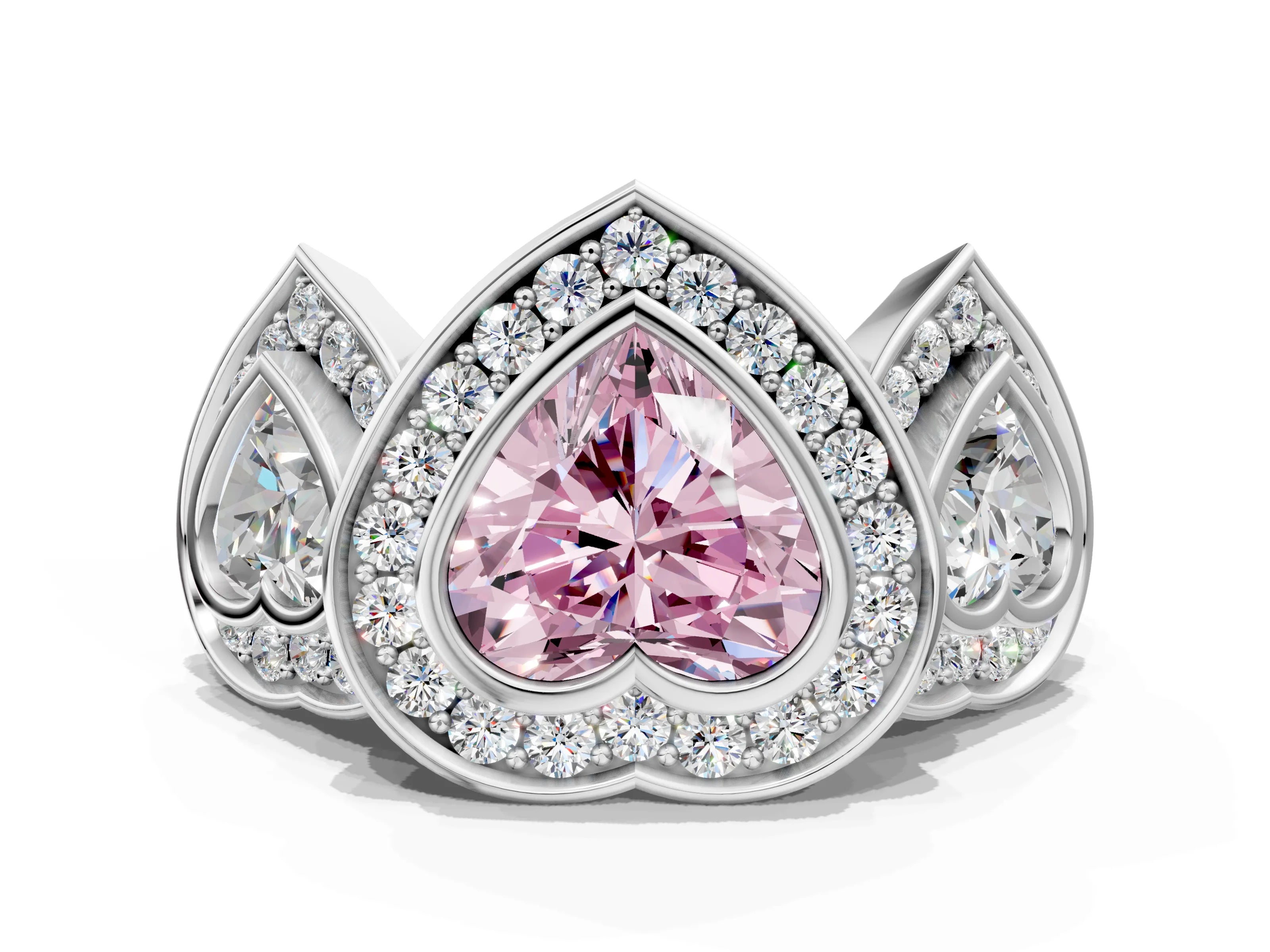 White gold Three-Stone Fancy Pink Heart Cut Halo Pavé Diamond Ring