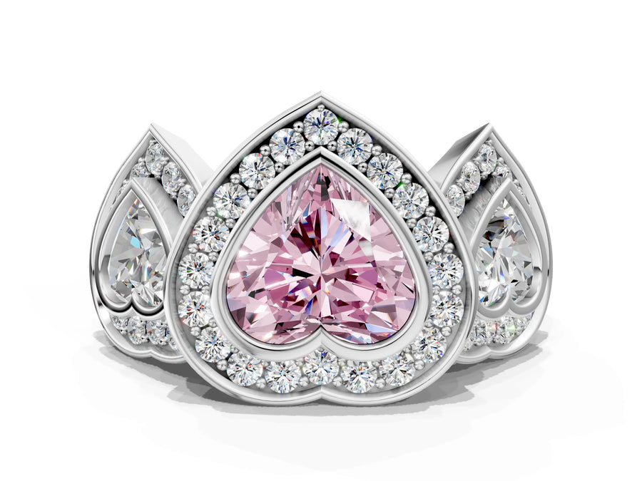 White gold Three-Stone Fancy Pink Heart Cut Halo Pavé Diamond Ring