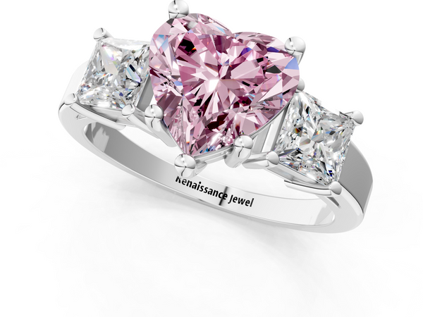 White Gold Heart-Shaped Three Stone Engagement Ring Setting for Fancy Pink Center with Aligned Sides