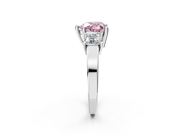 White Gold Heart-Shaped Three Stone Engagement Ring Setting for Fancy Pink Center with Aligned Sides