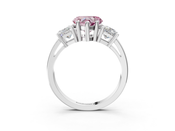 White Gold Heart-Shaped Three Stone Engagement Ring Setting for Fancy Pink Center with Aligned Sides