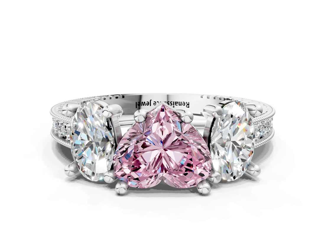 White gold Three-Stone Fancy Pink Heart  Diamond Milgrain Pave Band with Prong Setting 1