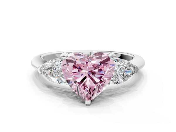White gold Three-Stone Fancy Pink Heart Cut Diamond Ring with Pear Side Stones and Four-Prong Setting