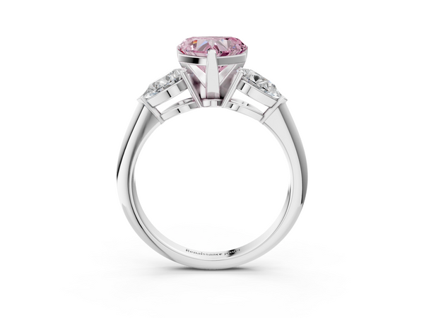 White gold Three-Stone Fancy Pink Heart Cut Diamond Ring with Pear Side Stones and Four-Prong Setting