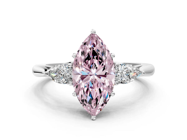 White gold Three-Stone Fancy Pink Marquise Cut Brilliant Diamond Solitaire Ring with Tapered Band and Four-Prong Setting