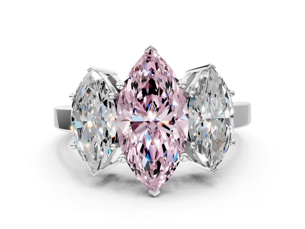 White gold Three-Stone Fancy Pink Marquise Cut Cut Diamond Engagement Ring with Flat Band and Four-Prong Setting
