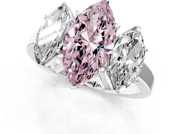 White gold Three-Stone Fancy Pink Marquise Cut Cut Diamond Engagement Ring with Flat Band and Four-Prong Setting