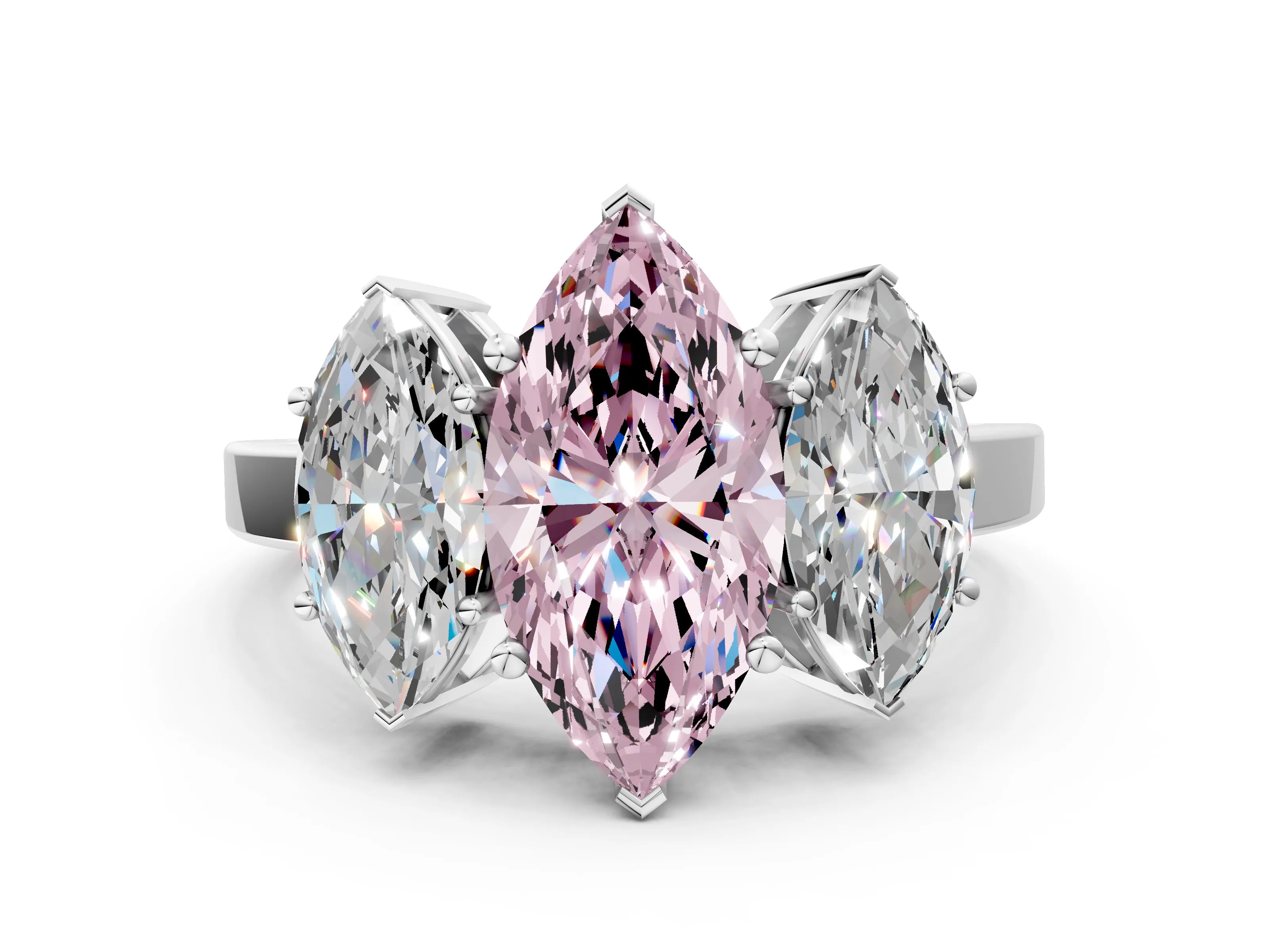 White gold Three-Stone Fancy Pink Marquise Cut Cut Diamond Engagement Ring with Flat Band and Four-Prong Setting