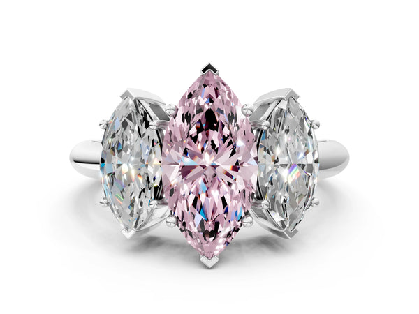 Platinum Three-Stone Fancy Pink Marquise Cut Cut Diamond Engagement Ring with Prong Setting on a White Gold Band